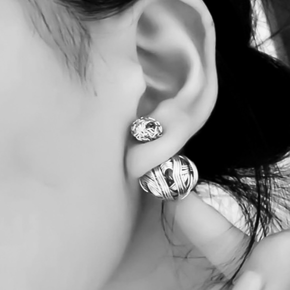 Metallic Black Weaved Double Ball Stud Earrings - Picture 6 of 7